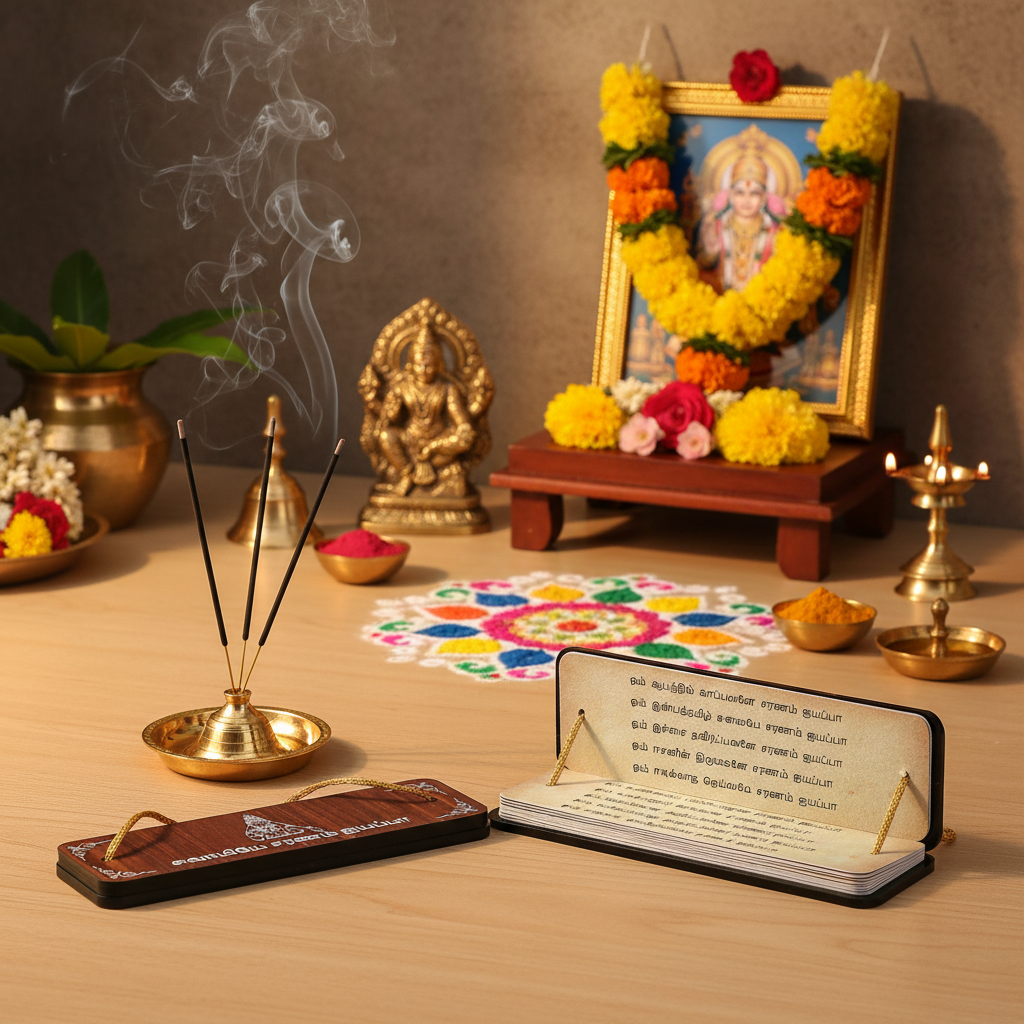 Both Tamil products with dhoop in pooja room